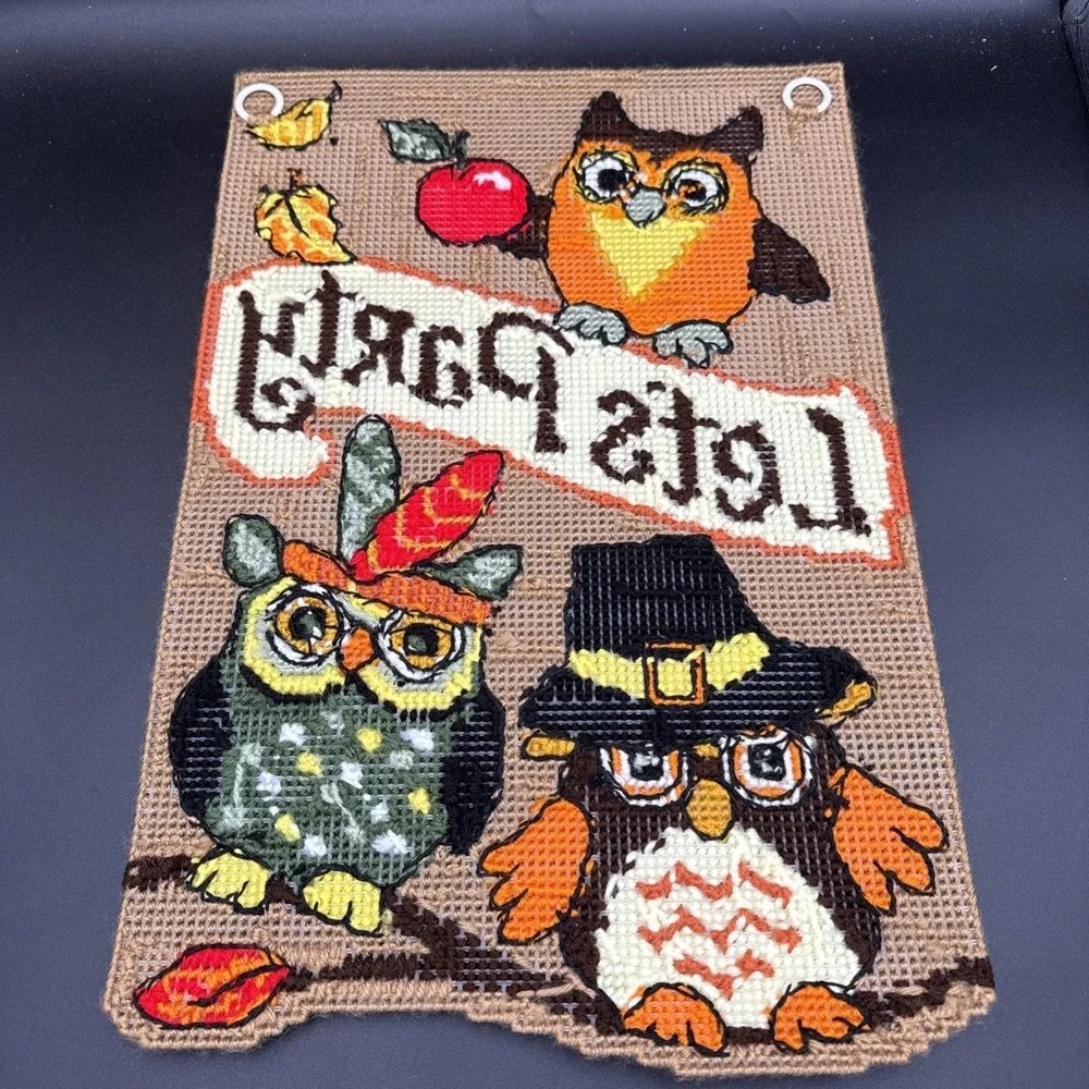 Plastic Canvas November Wall Decor Completed Thanksgiving Owls 12 X 18